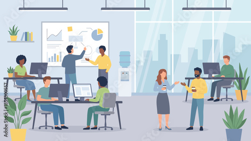 Startup office workspace with diverse creative team. Employees working at desks, collaborating at whiteboard. People talking on coffee break. Business interior flat vector illustration.