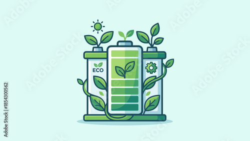 Green energy battery concept. Eco friendly power storage. Sustainable electricity icon. Renewable resource. Charged accumulator with leaves. Ecology symbol. Clean technology.