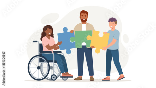 Diverse people connecting giant puzzle pieces. Woman in wheelchair. Collaboration, inclusion, unity concept. Problem solving. Teamwork partnership. Community support flat vector.