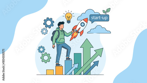 Young entrepreneur launching startup business concept. Man holding rocket climbing bar chart stairs. Success growth innovation idea. Boost strategy development. Financial progress up.