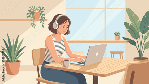 Young woman working on laptop in cozy coffee shop. Freelancer remote work concept. Female student studying with headphones. Digital nomad business. Workspace vector illustration.