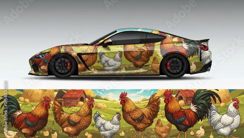 A high-performance sports car featuring a vibrant and detailed chicken farm themed wrap design.