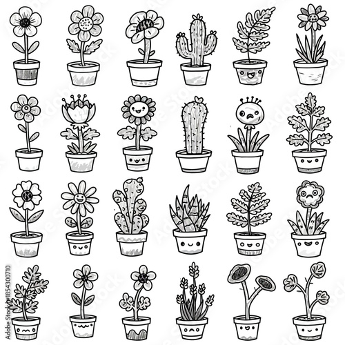 A vibrant vector collection of thirty unique cartoonish potted plant doodles, hand-drawn with a charming, simple, and sketchy black and white line art