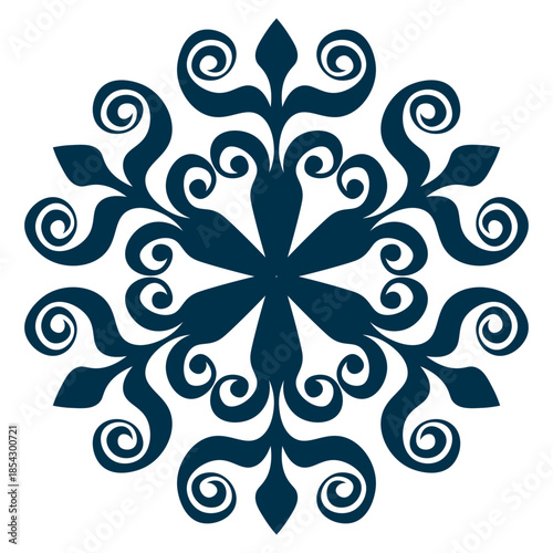 Blue template snowflake. Isolated snowflakes icon, round mandala. Winter Holiday cartoon flat illustration. Merry Christmas and New year Vector. Hand draw style.