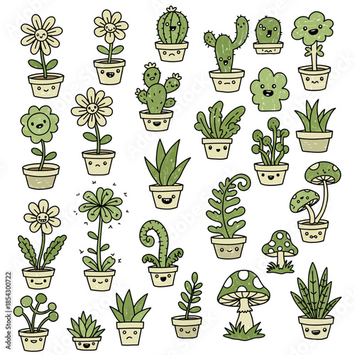 A whimsical vector collection of cute cartoonish potted plant doodles. Featuring diverse sketchy characters with happy faces, ideal for cheerful graphic designs