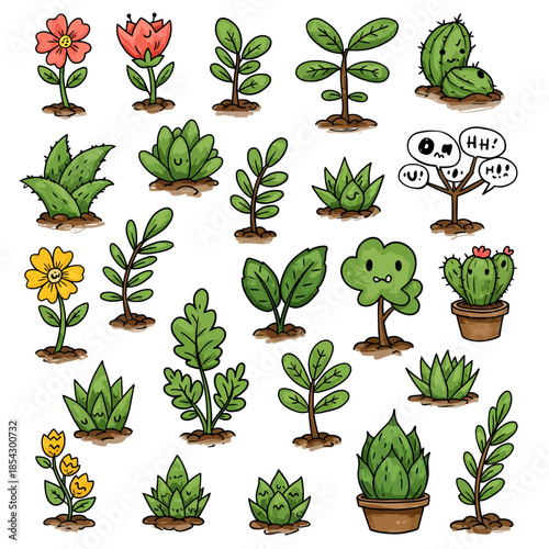 Lively vector assortment of cartoonish plant doodles, featuring simple, sketchy illustrations of various flora, blossoms, and cacti, ideal for playful graphic designs