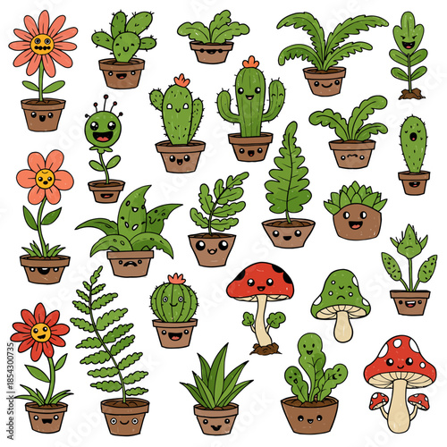 Vector collection of charming cartoonish plant doodles. Whimsical potted flowers, cacti, and cute mushrooms in a simple sketchy style