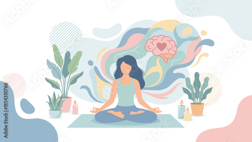 Woman practicing yoga and mindfulness at home in lotus pose on mat, meditation for mental health, calm mind, self care, relaxation with plants, candles, abstract brain and flowing shapes
