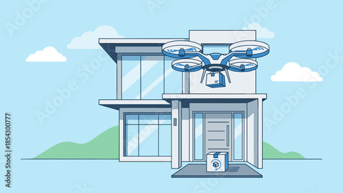 Drone delivering package to modern home doorstep. Automated air courier shipping box. Smart logistics technology concept. Future contactless delivery. Flat vector illustration.
