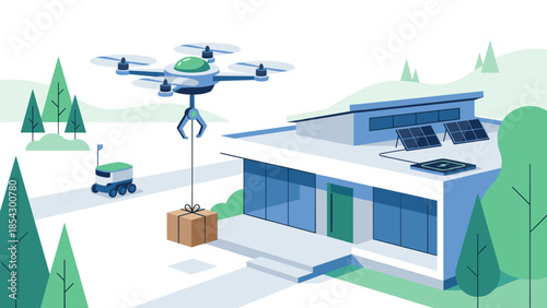 Drone delivery service dropping package at modern home with solar panels. Autonomous aerial vehicle carrying box. Future logistics and smart shipping technology. Last mile automation.