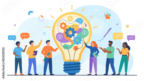 Brainstorming creative ideas concept. Diverse team collaboration around giant lightbulb. Innovation gears mechanism. Strategy meeting teamwork solution. Corporate problem solving.