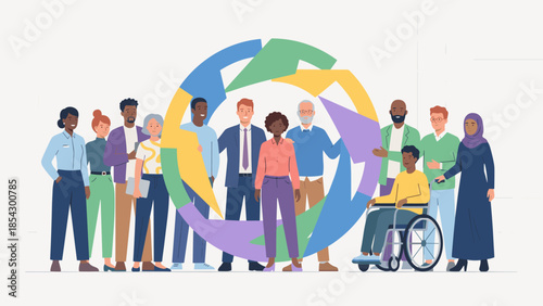 Diversity and inclusion concept. Multicultural business team. Disabled man in wheelchair. Woman in hijab. Senior. Equal opportunity workplace. Teamwork. Unity. Vector illustration.