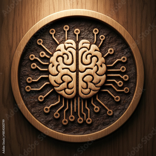 Wooden Carving of a Human Brain with Electronic Circuitry Pattern, Representing Artificial Intelligence and Neural Networks Concepts
