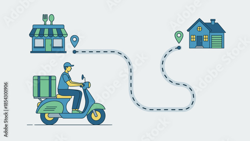 Food delivery service. Courier on scooter. Route from restaurant to home. GPS map path. Fast shipping logistics. Online order tracking. Motorbike transport. Takeaway. Driver.