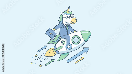 Business unicorn riding rocket. Startup success concept. Launching new project. Career growth acceleration. Financial boost. Fast progress innovation. Businessman mascot flying upwards.