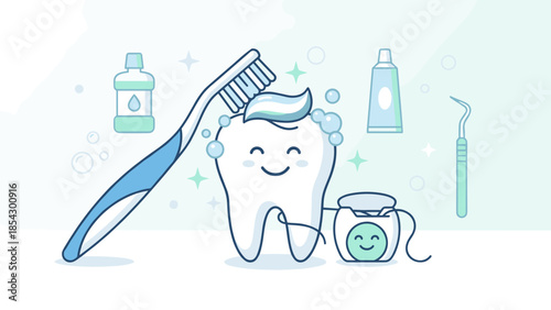 Dental care concept cute tooth character being brushed. Happy cartoon mascot hygiene routine. Toothbrush toothpaste mouthwash floss. Dentistry oral health education. Flat line vector
