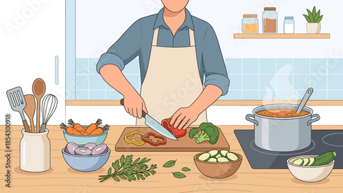 Man cooking at home kitchen. Male chef preparing healthy meal. Cutting fresh vegetables on board. Pot with hot soup on stove. Culinary process. Vegetarian dinner. Food preparation.