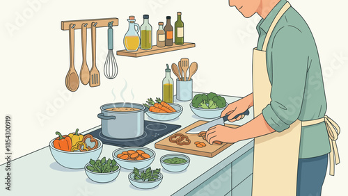 Cooking healthy food in kitchen. Man in apron chopping fresh vegetables for dinner. Pot boiling on stove. Culinary domestic lifestyle vector illustration. Homemade meal preparation.