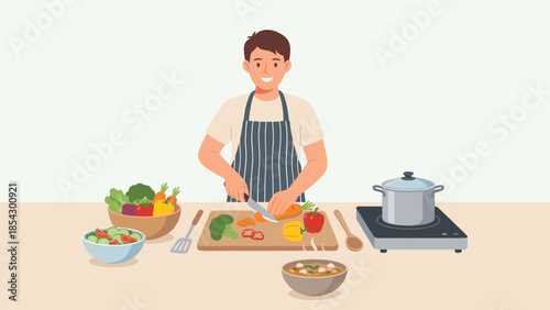 Happy man cooking healthy food at home kitchen. Male person in apron cutting fresh vegetables. Vegetarian meal preparation. Culinary hobby. Chef making dinner. Diet nutrition concept.