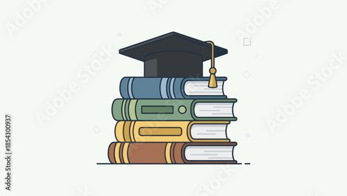 Graduation cap on stack of books. Higher education academic success concept. Flat vector illustration. University college degree symbol. School learning study pile. Mortarboard hat tassel