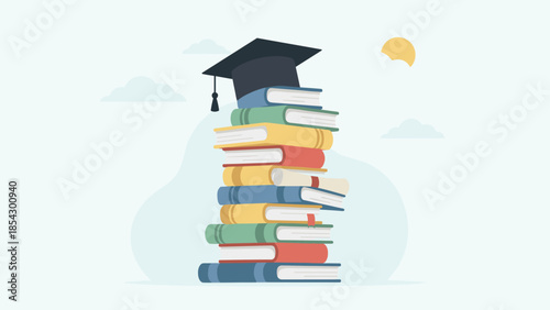 Stack of books with graduation cap and diploma. Higher education concept. Academic success symbol. University college study. Knowledge learning. Mortarboard hat. Flat vector design.