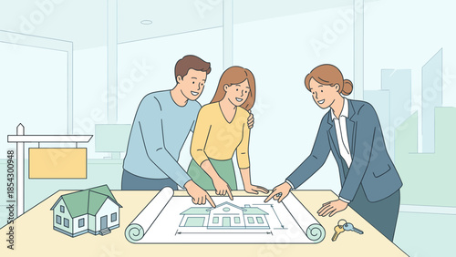 Real estate agent showing house blueprint to couple. Buying new home concept. Planning construction. Property investment. Realtor meeting. Mortgage loan deal. Flat vector illustration