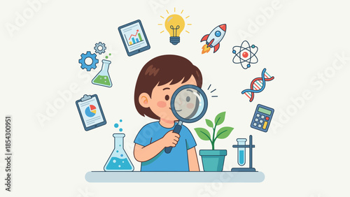 Girl student observing plant with magnifying glass. Science education concept. Biology chemistry icons. Kid learning discovery research school. Smart young scientist experiment vector