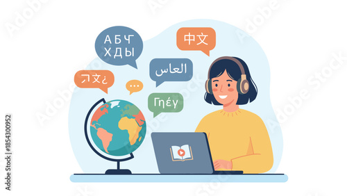 Online language learning concept. Woman student with headphones and laptop studying foreign languages. Education class with globe and speech bubbles. E-learning translation course.