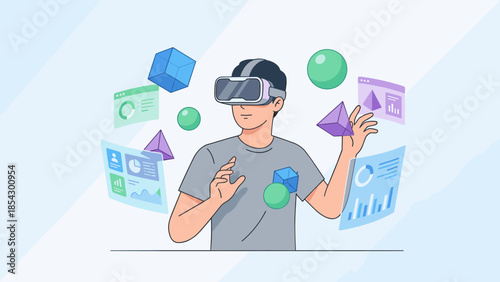 Virtual reality experience. Man wearing VR headset touching 3D shapes. Augmented reality technology. Metaverse concept. Digital data interface. Cyberspace simulation. Innovation.