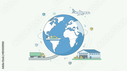 Global logistics network worldwide shipping. Supply chain cargo ship airplane truck warehouse around earth globe. International freight transport delivery distribution export import