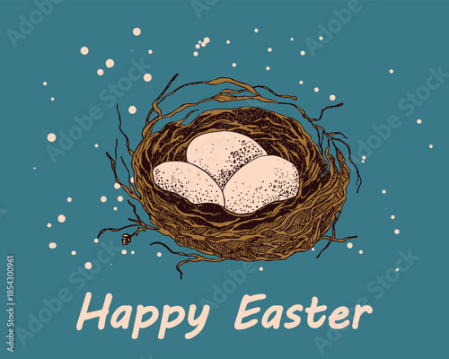 Vector Easter banner with eggs in bird's nest. Festive background with place for text for flyer. Hand drawn vector illustration, holiday design.