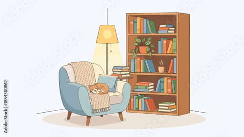 Cozy reading nook interior with armchair lamp and bookshelf. Sleeping cat on chair. Home library relaxation introversion concept. Flat vector illustration. Hygge lifestyle furniture.