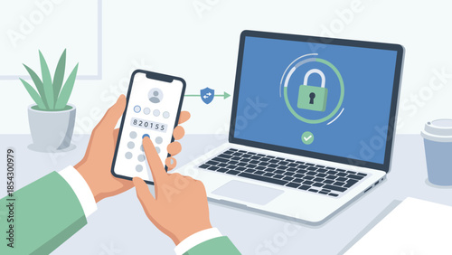 Two-factor authentication concept. 2FA security login. User holding phone entering code. Laptop lock screen. Cybersecurity technology. Multi-factor safety. Identity verification.