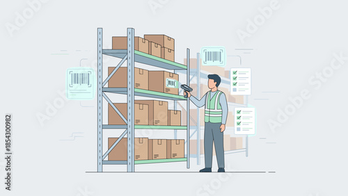 Smart warehouse inventory management. Male worker scanning boxes on metal shelves with handheld barcode scanner. Logistics distribution center concept. Supply chain stock control.