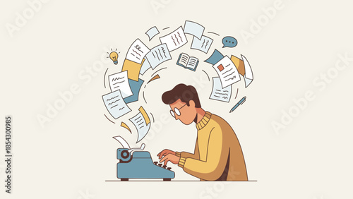 Freelance writer typing on retro typewriter. Flying papers chaos concept. Content creation storytelling. Author journalist work. Creative process inspiration. Busy deadline flow. Copywriter idea.