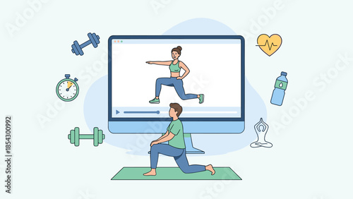 Online fitness training class. Man doing lunges at home. Virtual instructor on screen. Workout video tutorial. Digital personal trainer. Remote gym exercise. Healthy lifestyle.