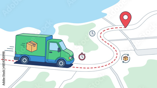 Green delivery truck driving on city map route with red GPS pin. Logistics shipping service concept. Order tracking app interface. Fast cargo transport vehicle. Navigation destination