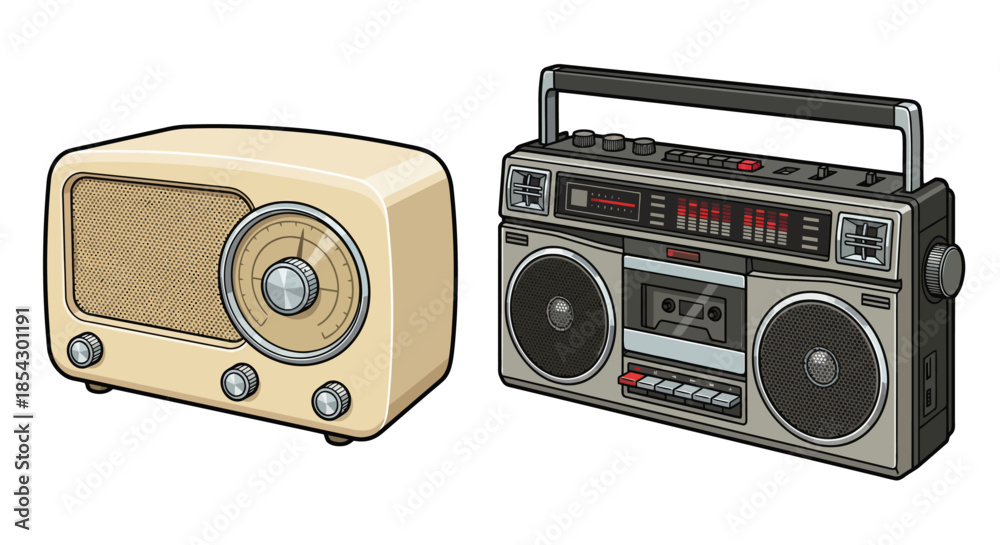 Fototapeta premium Retro radios and boomboxes displayed together on a clean white background