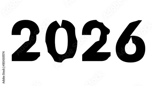 Bold black graphic representation of the year 2026 with a distressed textured effect