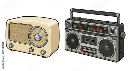 Retro radios and boomboxes displayed together on a clean white background
