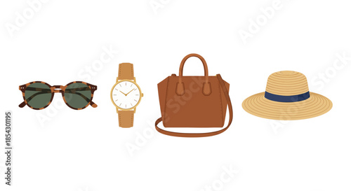 Fashion accessories including sunglasses, watch, bag, and hat displayed together on a white background