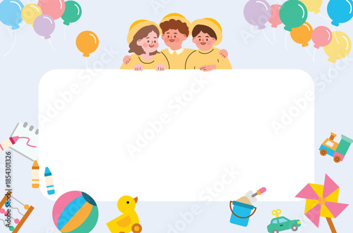Cheerful Kindergarten Friends Holding Blank Sign with Playful Toys