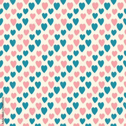 Seamless pattern with pink hearts. Template holiday vector illustration. Design for card, postcard, poster, print, banner. Cartoon colorful hearts on color background.