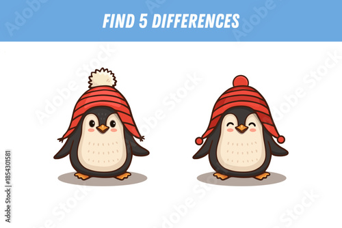 Find 5 differences between two pictures of cute penguin. Cartoon animal. Educational logical game for children. Vector illustration
