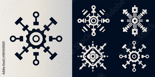 Technology snowflake icon set on dark background Vector