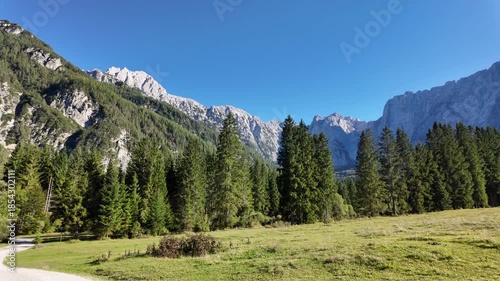 Nature Walk Through Italian Alps Mountains and Trees on a Sunny Day in Early Autumn