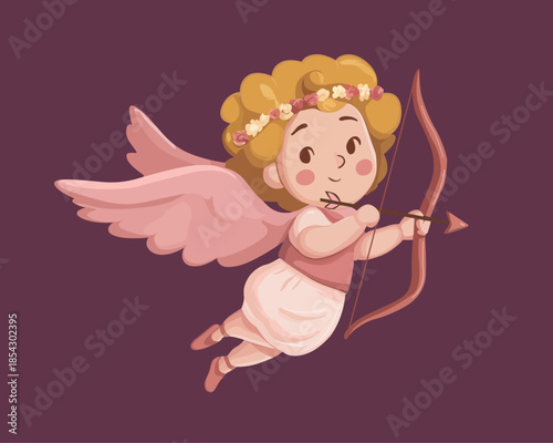 Cute cupid flying with bow and arrow. Romantic angel illustration. Symbol of love and Valentine’s Day.