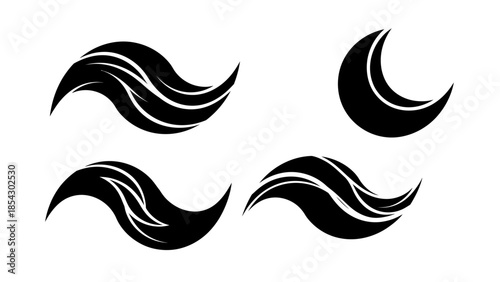 collection of flowing black wave shapes and a crescent moon icon