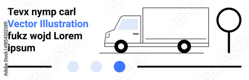 Minimalist truck driving forward with a magnifying glass symbol, emphasizing transport and logistics. Ideal for shipping, freight, logistics, delivery, navigation, e-commerce, simple landing page