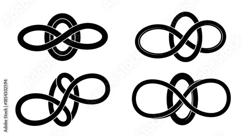 collection of four black infinity knot symbols in different orientations and styles